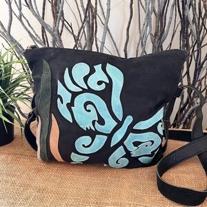 Butterfly Appliquéd Nubuck Leather Bag Black Turquoise